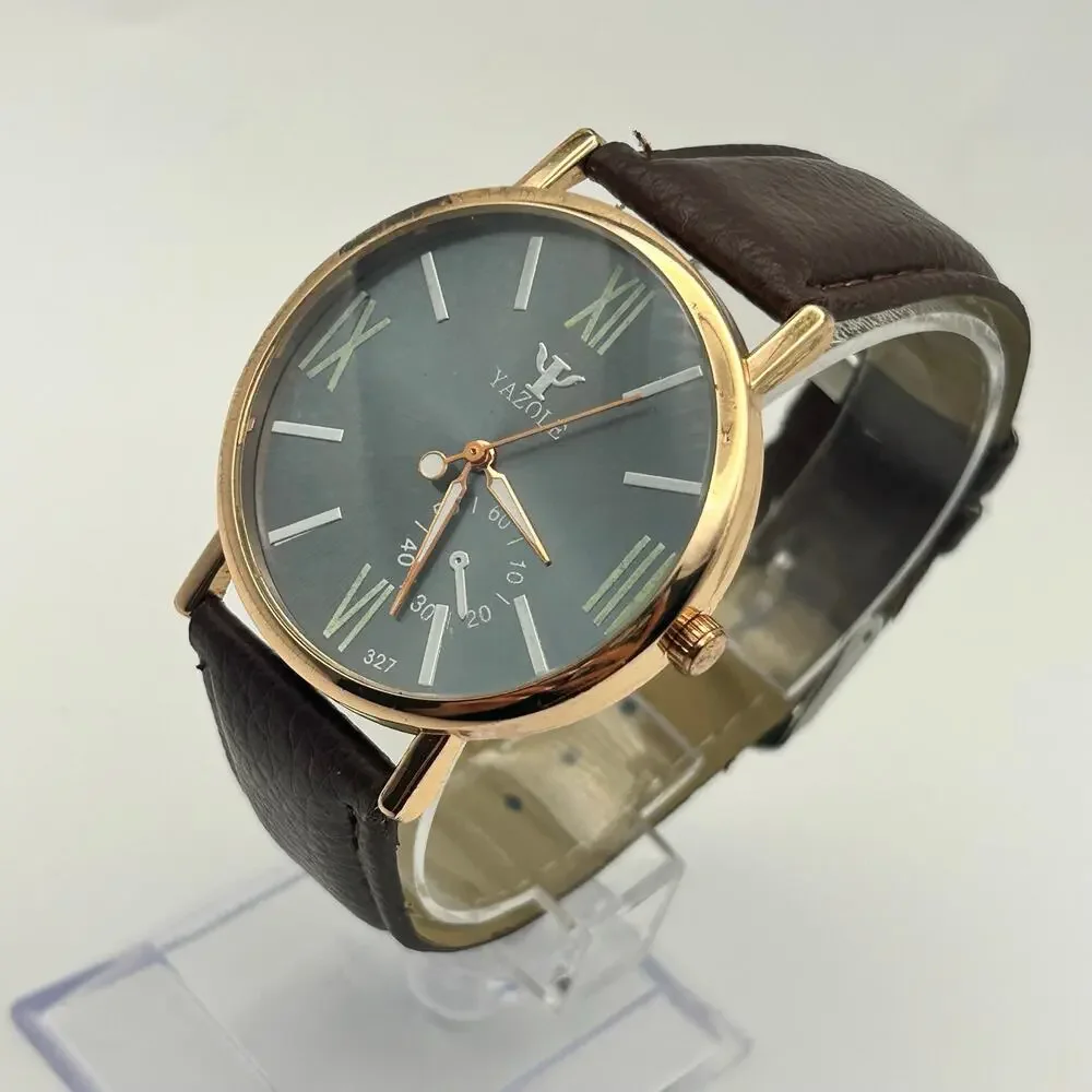 Yazole Roman Numeral Brown Leather Watch Working New Battery